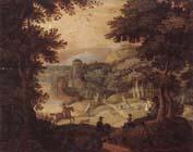 unknow artist a wooded landscape with a hunting party at the edge of a lake,a castle beyond Germany oil painting art